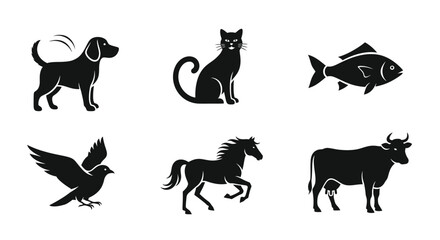 Black silhouettes of various domestic and wild animals including a dog, cat, fish, bird, horse, and cow, isolated on white.