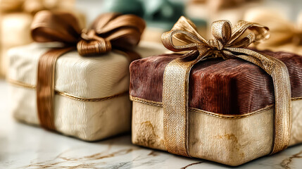 Two Elegant Gift Boxes with Golden Ribbon on Light Background Close Up