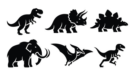 Silhouette illustration of various prehistoric creatures, including dinosaurs and a mammoth.