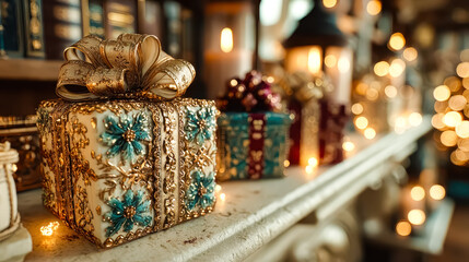 Gift Box with Baroque Decorations and Golden Bow in Festive Interior