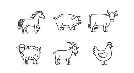 Line art drawings of farm animals.