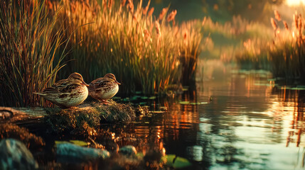 Two wild ducks resting by water in tall grass at sunset, serene nature evening scene