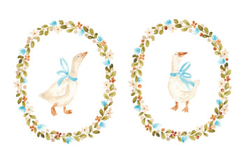 Retro floral wreath with goose. Old styled card design. Watercolor hand painted illustration for card, banner, invitation. Baby shower, birthday card design