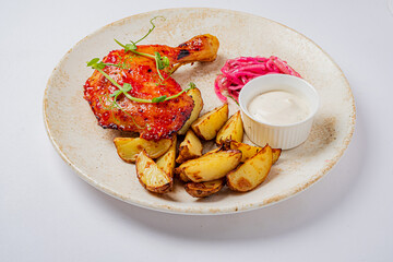 Grilled chicken leg with herbs, crispy potatoes, and tangy dip