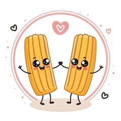 Adorable Chibi Cartoon Of Churro Buddies Holding Hands, Cute Kawaii Pastry Illustration With Sweet Friendship Vibes, Playful Cinnamon Treats And Wholesome Dessert Character Charm