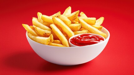 Bowl of french fries with ketchup on a table with empty space for creative use