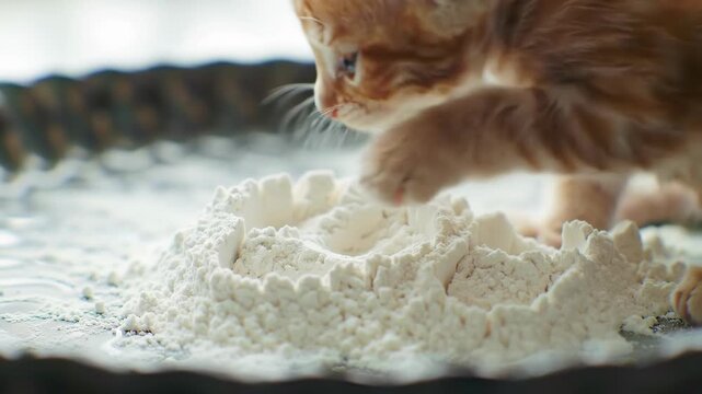 Ginger kitten playing in white flour, pawing at the pile of flour indoors, kitten antics