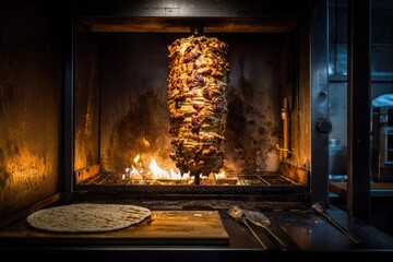 Roasted meat on a vertical rotisserie, fire visible below, flatbread in foreground