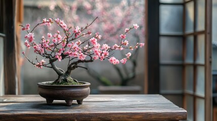 Fototapeta premium Pink blossom bonsai in interior setting