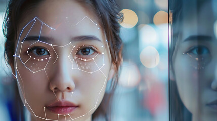 Close up of beautiful young woman face with face recognition mesh and immersive binary interface. Concept of hi tech.