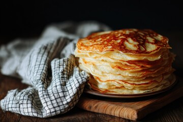 A stack of golden pancakes sits on a plate, next to a checkered cloth
