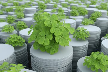 Lush clover plants sprout atop stacks of coins, symbolizing growth and prosperity