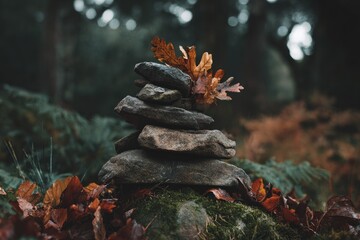 A stone cairn in an autumnal forest