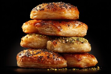 A stack of golden-brown pastries, some topped with seeds