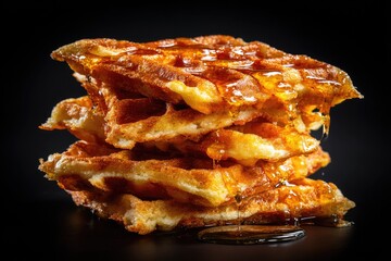 Golden waffles stacked high, glistening with syrup