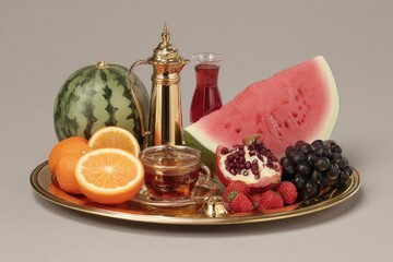 Still life of fruit and drink on a golden tray
