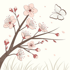 A charming cherry blossom branch, adorned with delicate pink flowers and a graceful butterfly, evoking the essence of springtime beauty