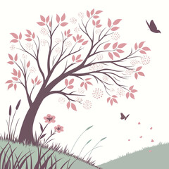 A whimsical spring tree, adorned with delicate pink leaves, surrounded by lush grass, and graced by fluttering butterflies in a serene scene