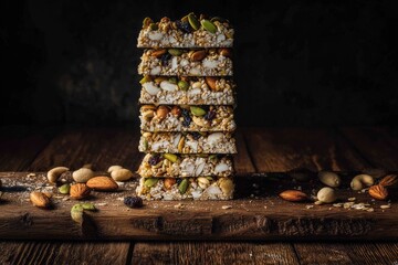 Stacked granola bars with nuts and seeds on wood