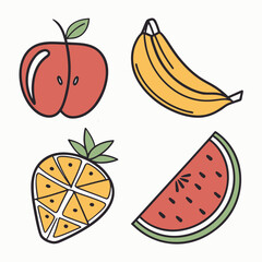 A vibrant assortment of fruits, featuring an apple, banana, orange, and watermelon, perfect for a healthy and refreshing treat