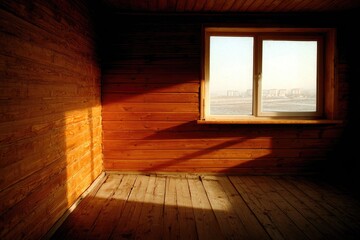 Sunlit empty room with wood walls and floor, window view