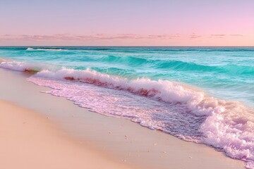 Serene beach sunrise, pastel waves gently lapping the shore