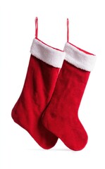 Two red Christmas stockings with white cuffs hanging against a white background, ready for Santa and gifts