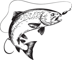 Vintage Fishing Hook with Fish engraving outline vector art illustration design,  Fish silhouette, hand drawn, line art fish design