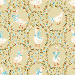 Retro geese and flowers background. Watercolor hand painted seamless pattern for textile, fabric, packaging. Vintage goose repeating pattern