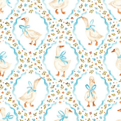 Retro geese and flowers background. Watercolor hand painted seamless pattern for textile, fabric, packaging. Vintage goose repeating pattern