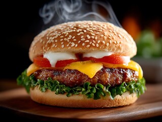 Delicious sesame burger with melted cheese  steam