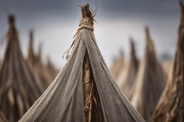 Close-up of fabric-covered structures under a cloudy sky