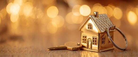 The house keychain and keys on warm bokeh lights background