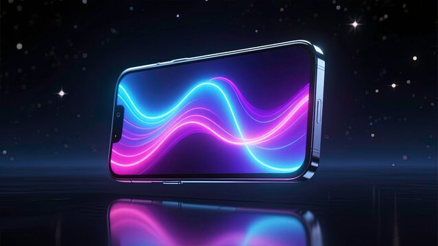 Futuristic smartphone lying on a reflective abstract surface with vibrant multicolored neon waves