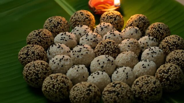 Til Ladoo for Pitru Paksha Traditional Indian Sweet Treats Offered to Ancestors with Lamp and Banana Leaf