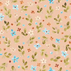 Retro floral seamless pattern. Abstract watercolor flowers design in old style. Cute kid fflorals. For textile, fabric, clothing, packaging
