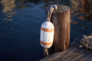 Weathered buoy attached to aged wooden dock post