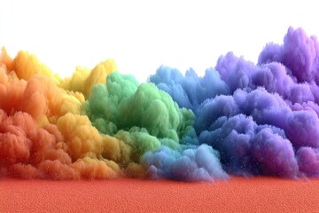 Rainbow-colored smoke plumes against a white background, resting on a red surface