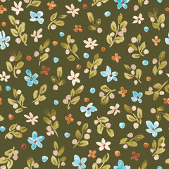 Retro floral seamless pattern. Abstract watercolor flowers design in old style. Cute kid fflorals. For textile, fabric, clothing, packaging