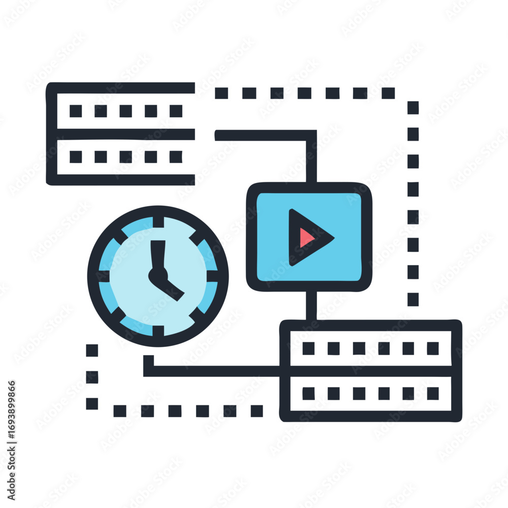 Aufkleber data processing timeline with clock and play button connecting servers graphic design
