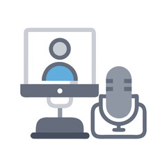 Fototapeta premium Digital Meeting Setup: Icon Illustration with Monitor and Microphone in Gray and Blue