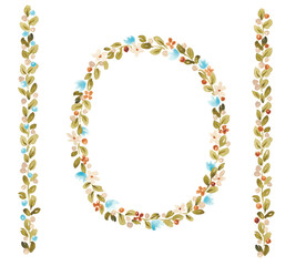 Retro floral wreath. Old styled flowers border. Watercolor hand painted design for card, banner, invitation. Baby shower, birthday card design