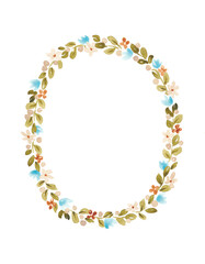 Retro floral wreath. Old styled flowers border. Watercolor hand painted design for card, banner, invitation. Baby shower, birthday card design