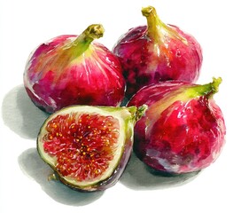 Watercolor painting of four ripe figs, one halved, showcasing their deep red hues and detailed textures