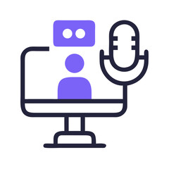 Online Podcast Recording Illustration with a desktop, avatar, camera, and microphone icons in a flat graphic style