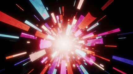 Futuristic digital abstract explosion of colorful geometric shards and fragments in a sci-fi environment.