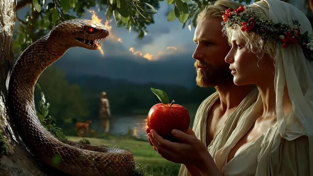 Adam and Eve in the Garden of Eden. Woman offers man a red apple from the tree. Deceitful serpent watches the fall of man. Paradise lost.