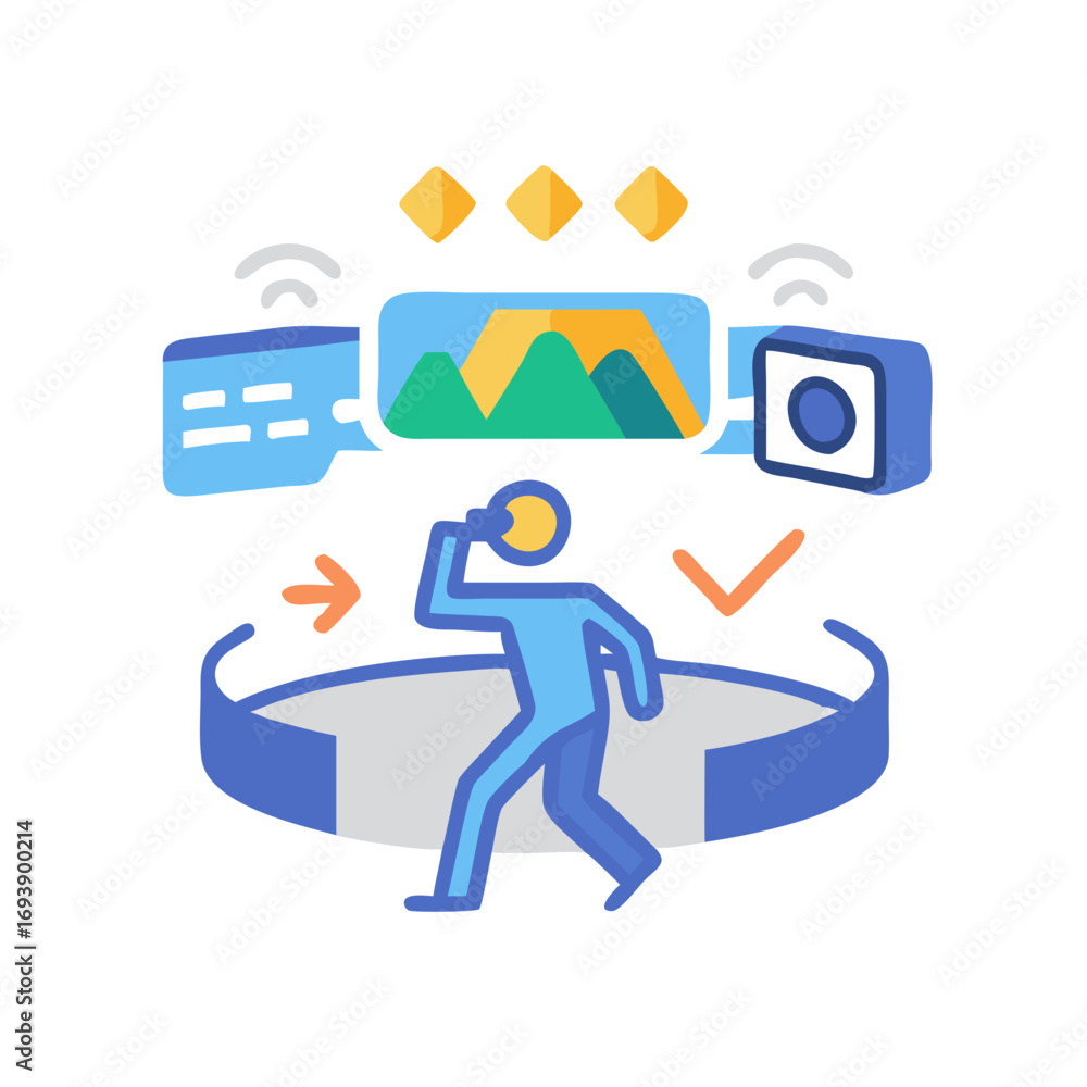 Poster immersive virtual reality experience with navigation and technology interface elements in vector des