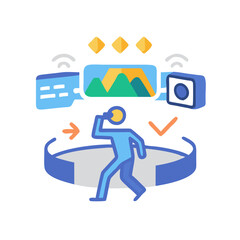 Immersive virtual reality experience with navigation and technology interface elements in vector design