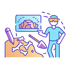 Archeologist at excavation site with bones and tools in stylized digital illustration